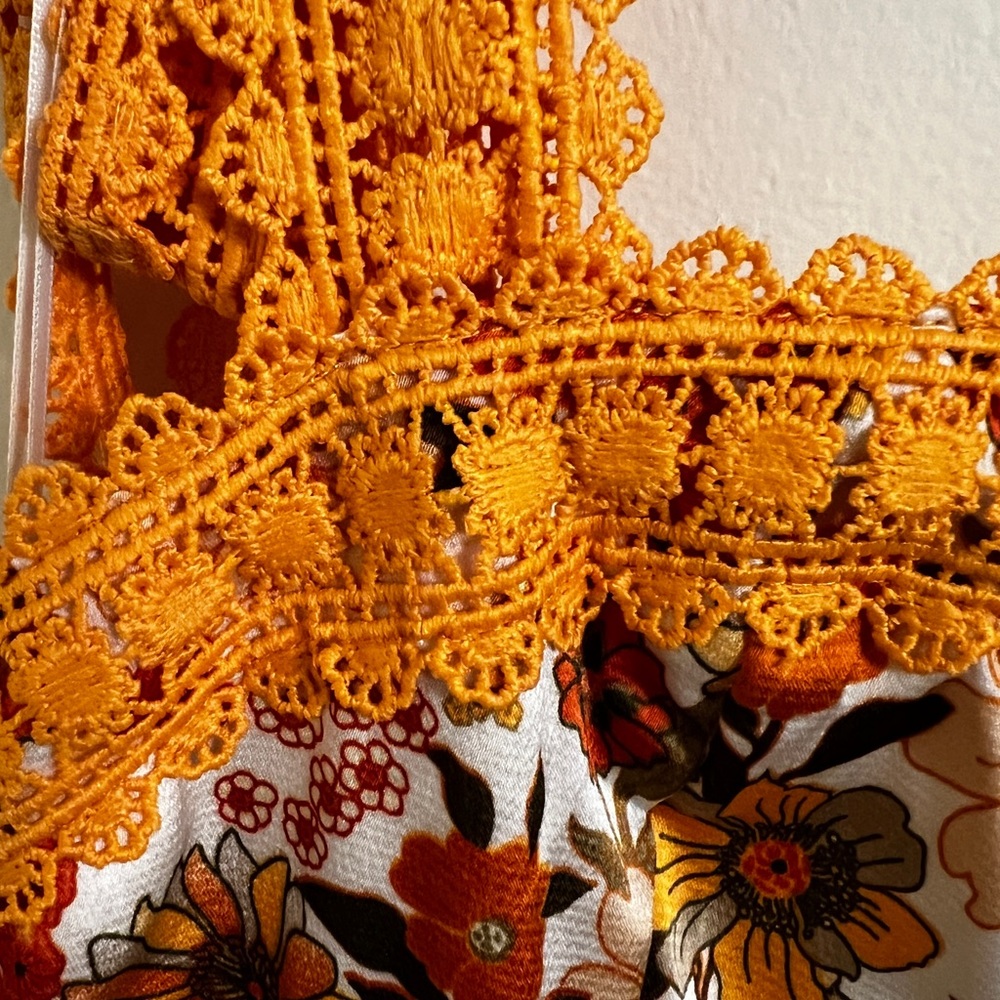 Vibrant Floral Maxi Dress Orange Crochet Straps Tiered Lined Boho Festival Med - Picture 5 of 11